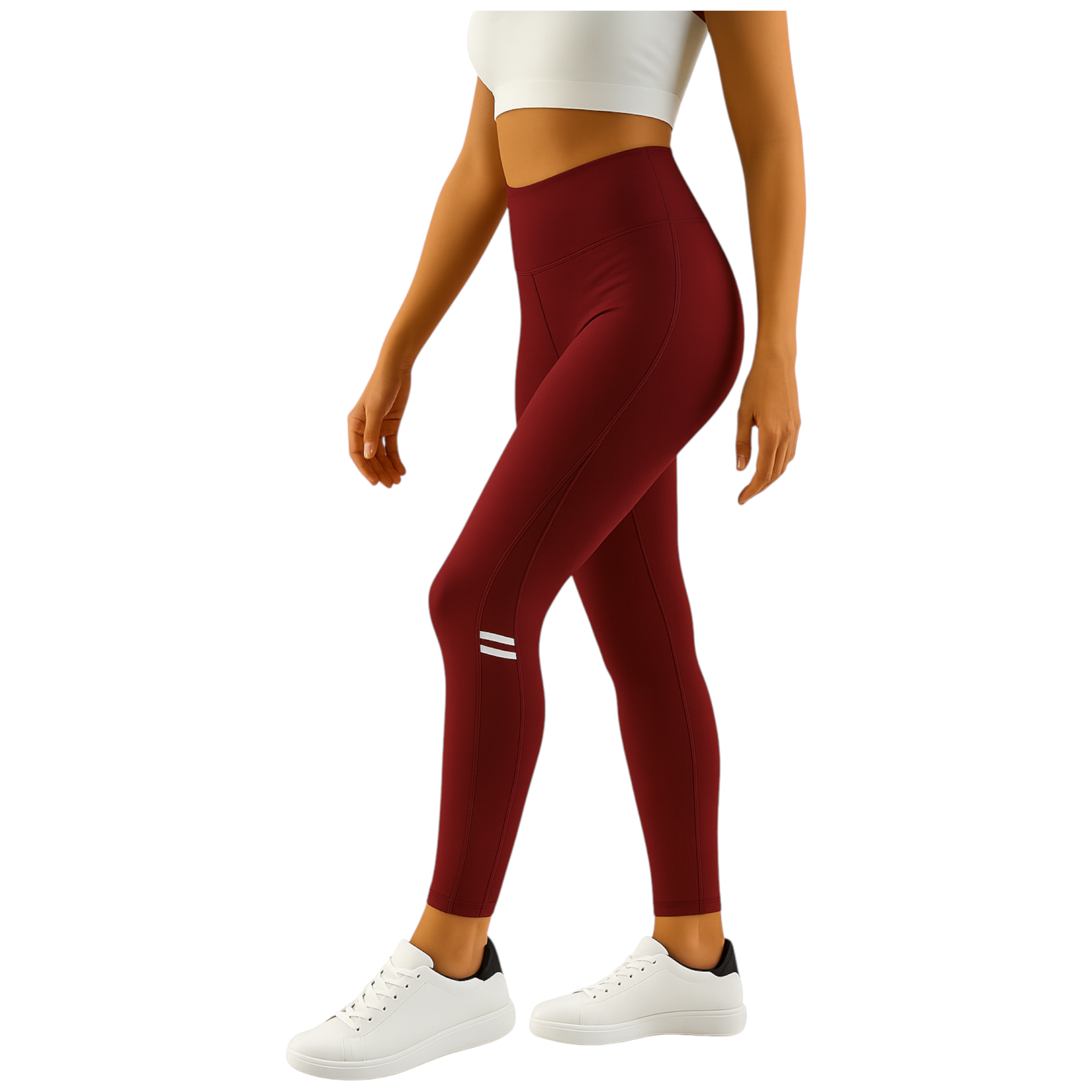 Women's burgundy comfort fit leggings with sheer mesh side panels and white stripe detail